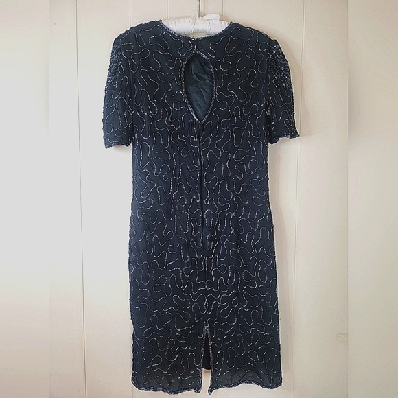 Vintage Allyson Whitmore Large Black Midi Dress 100% Silk Beaded Formal - Picture 7 of 14